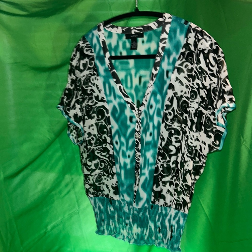 !Alfani Teal & Blk, Sheer Geo Design, Rouched Btm, ButtonDwn Vneck Blouse P2P 20